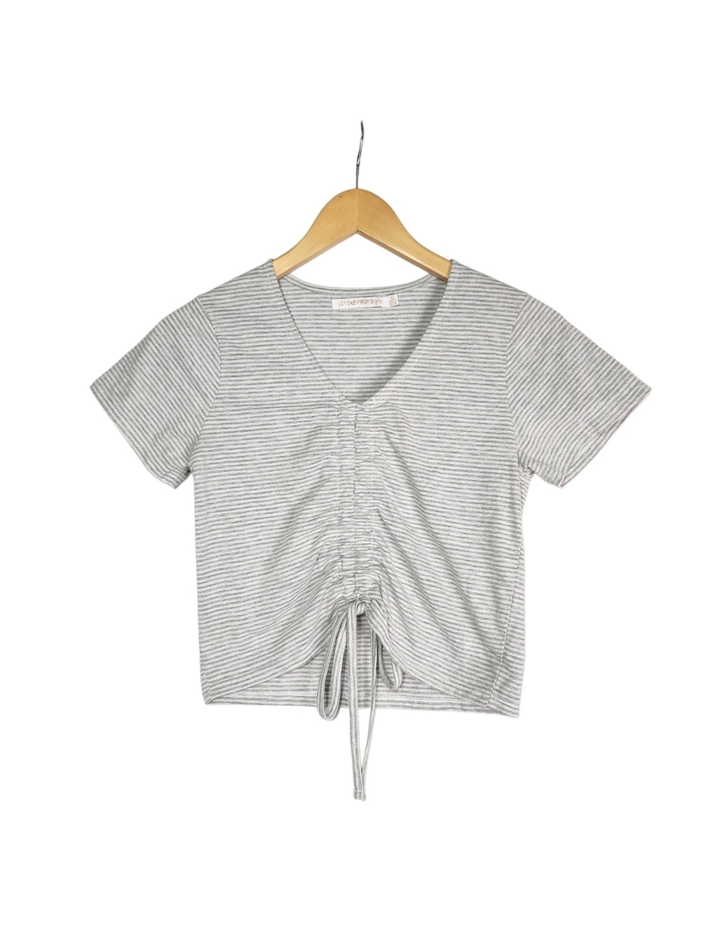 Love @ First Sight Gray Striped Ruched Drawstring Crop Top Med Festival Y2K